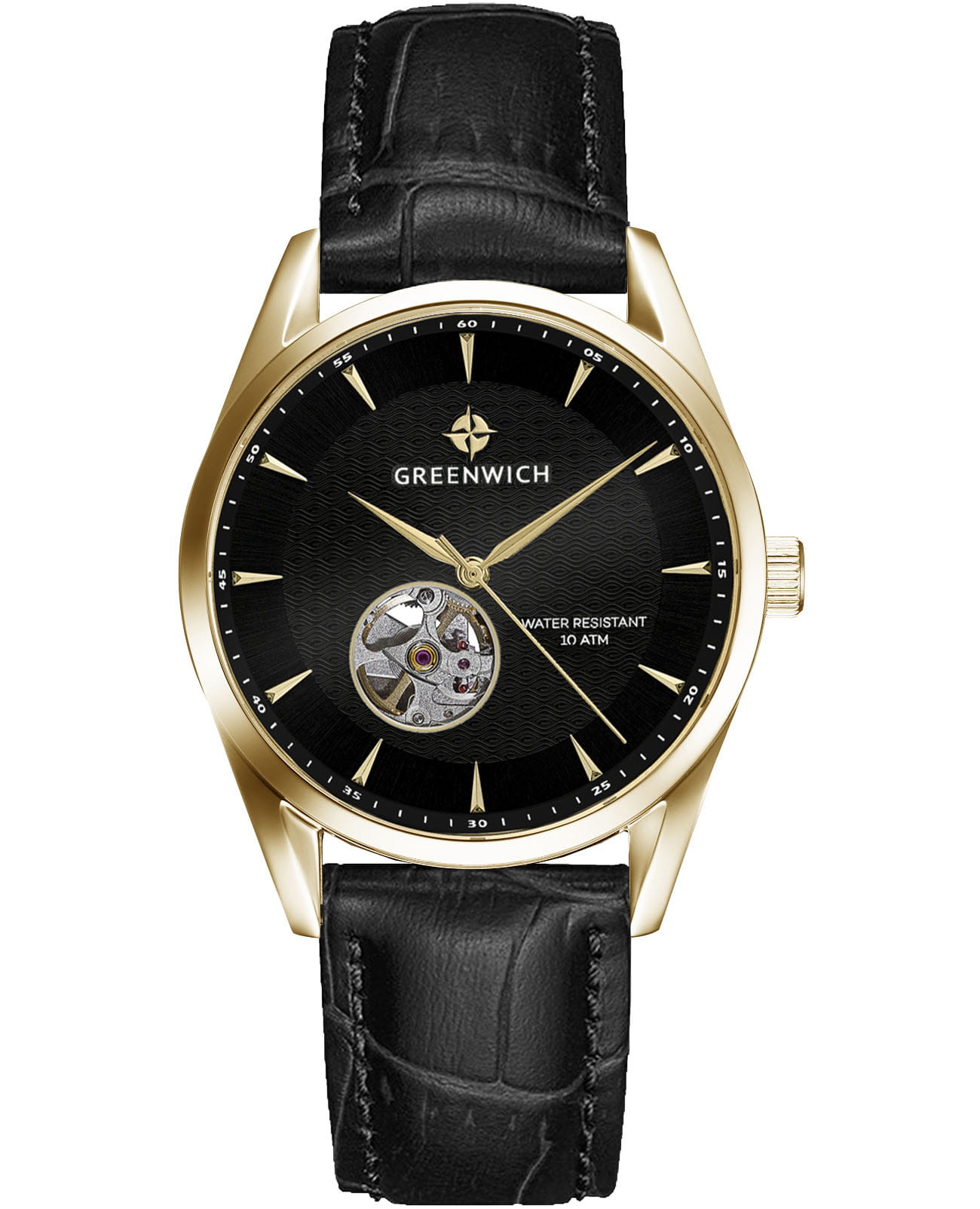 Greenwich Greenwich Good Luck Deep GW 075.21.31  GW 075.21.31 механические мужские часы белый циферблат, браслет кожаный — вид спереди